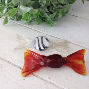 Vintage Art Glass Hand Blown Wrapped Candy Set of 2 Amber Swirl Bon Bon Candies